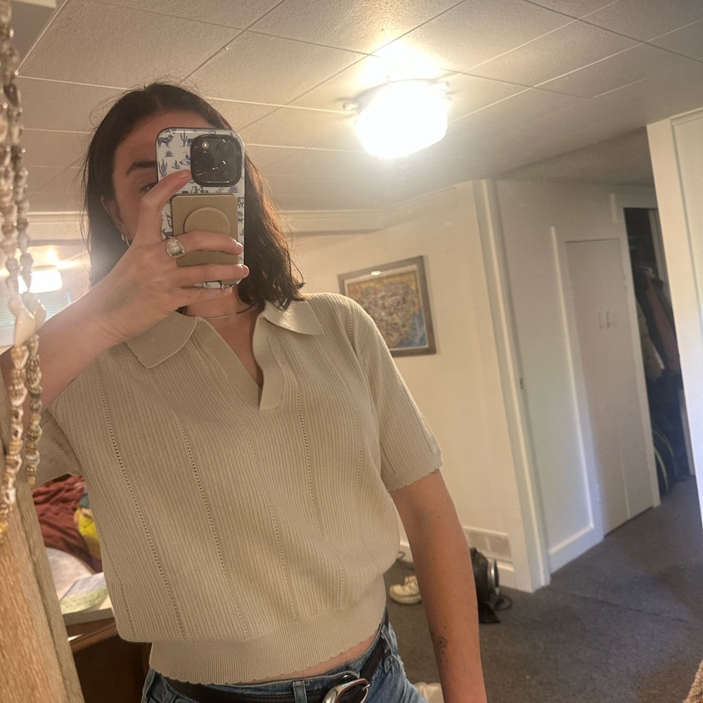 Rhythm Beige Short Sleeve Knit Blouse